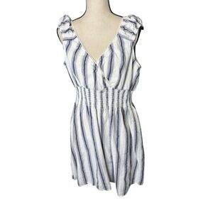 MPH Collection Womens 1X Blue White Striped Smocked Waist V-Neck Dress Lace Trim